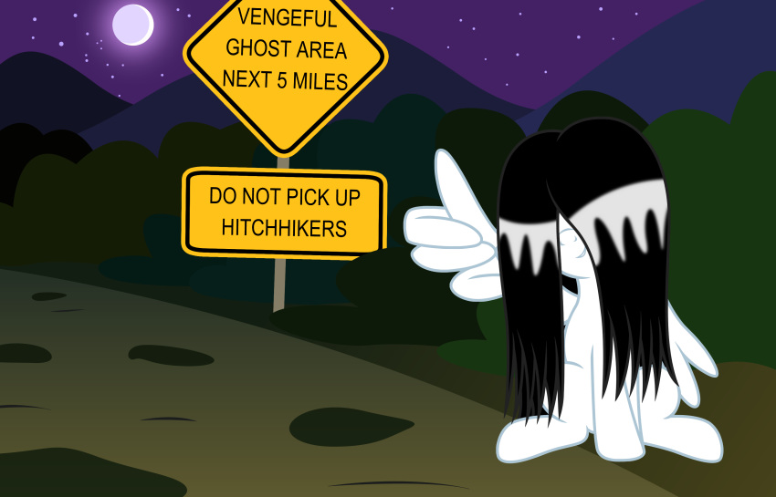 2019 absurd_res badumsquish black_hair equid equine fan_character ghost hair hi_res hitchhiker hitchhiking long_hair mammal moon my_little_pony night pterippus samara_morgan sign spirit star wings