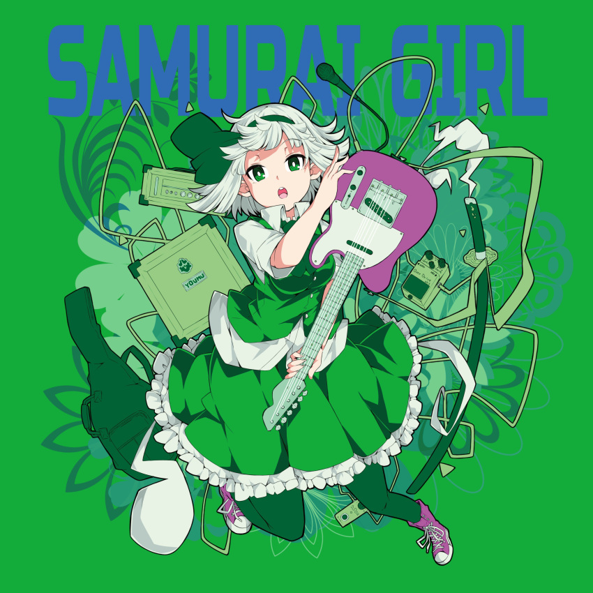 1girl absurdres breasts cable character_name electric_guitar eyebrows_visible_through_hair frills full_body green_eyes green_hairband green_legwear green_ribbon green_skirt green_vest guitar hair_ribbon hairband highres hitodama instrument ishimu katana konpaku_youmu konpaku_youmu_(ghost) looking_at_viewer medium_breasts microphone open_mouth pantyhose petticoat purple_footwear ribbon scabbard sheath sheathed shirt shoes short_hair silver_hair skirt skirt_set sneakers solo sword touhou vest weapon white_shirt