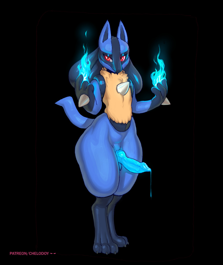 2019 3_toes absurd_res animal_genitalia animal_penis anthro balls black_background blue_penis canid canine canine_penis chelodoy erection glowing glowing_penis hi_res knot lucario magic male mammal nintendo penis pok&eacute;mon pok&eacute;mon_(species) precum raised_tail red_eyes simple_background solo spikes standing toes video_games