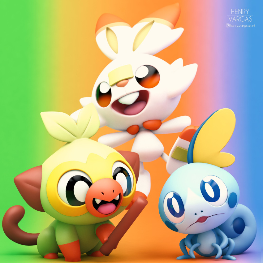 1:1 3d_(artwork) ambiguous_gender black_eyes blue_eyes buckteeth curled_tail digital_media_(artwork) fur grookey henry_vargas hi_res multicolored_fur multicolored_scales nintendo open_mouth orange_fur pink_tongue pok&eacute;mon pok&eacute;mon_(species) rainbow_background scales scorbunny simple_background sobble stick teeth tongue video_games white_fur