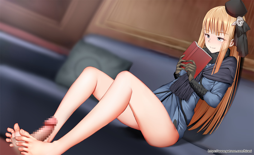 1girl barefoot blonde_hair blue_eyes blush couch fate/grand_order fate_(series) feet footjob hat long_hair reading reines_el-melloi_archisorte sitting smile toes