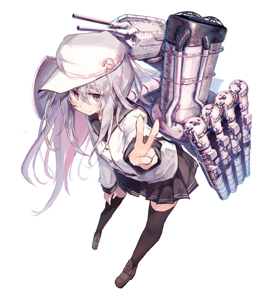 1girl beize_(garbage) black_legwear black_sailor_collar black_skirt blue_eyes cannon commentary_request flat_cap hammer_and_sickle hat hibiki_(kantai_collection) highres kantai_collection long_hair looking_at_viewer machinery perspective pleated_skirt remodel_(kantai_collection) sailor_collar school_uniform serafuku silver_hair simple_background skirt smile smokestack solo thighhighs torpedo_launcher turret v verniy_(kantai_collection) white_background white_headwear