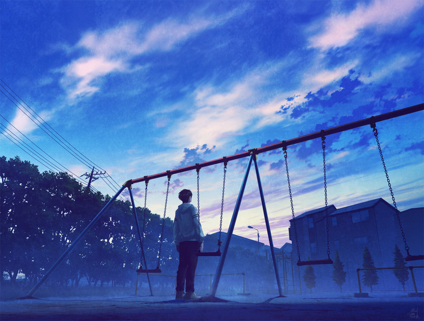 1boy black_hair blue_sky building chains cloud cloudy_sky from_behind hood hood_down hooded_jacket house jacket lamppost long_sleeves looking_away male_focus mocha_(cotton) original outdoors pants power_lines scenery school_uniform shoes short_hair signature sky solo standing sunset swing telephone_pole tree white_jacket wide_shot