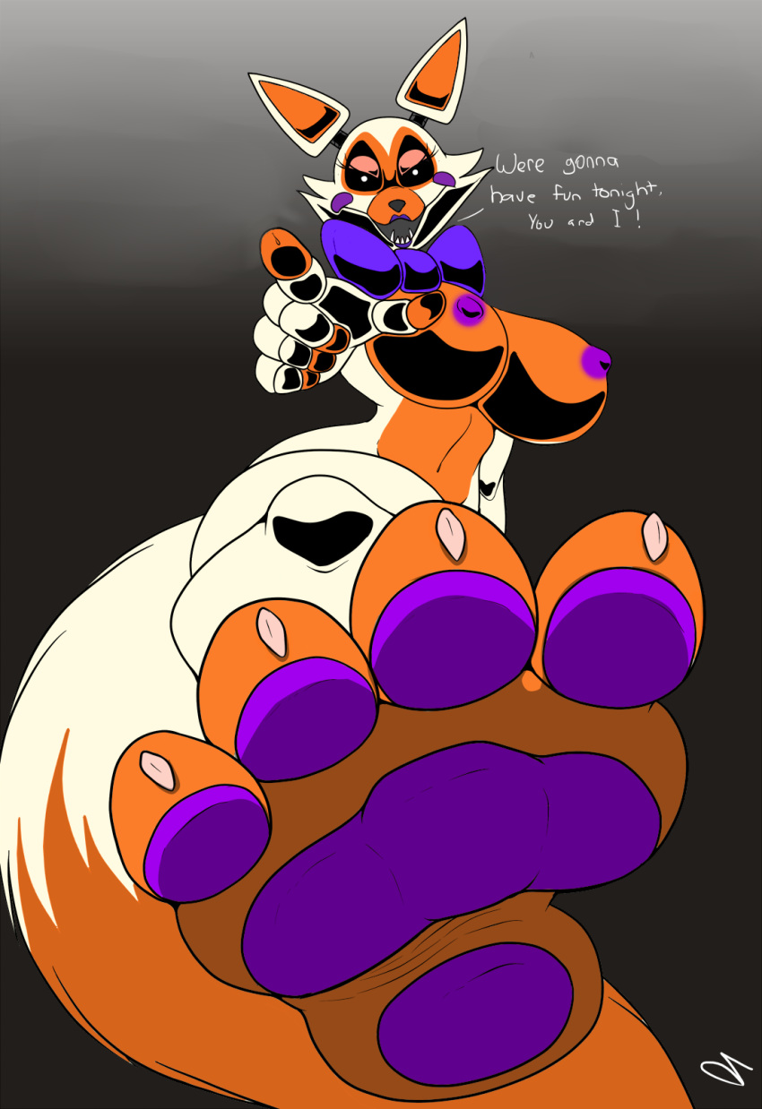 2014 4_toes animatronic anthro areola big_breasts black_background breasts canid canine claws dialogue digital_media_(artwork) domination edit english_text feet female female_domination first_person_view five_nights_at_freddy's five_nights_at_freddy's_2 five_nights_at_freddy's_world foot_focus fox fur hi_res lipstick lolbit_(fnaf) looking_at_viewer looking_down machine makeup mammal nipples pawpads paws plantigrade ribbons robot simple_background soles solo text toe_claws toes video_games white_fur yellow_eyes zp92