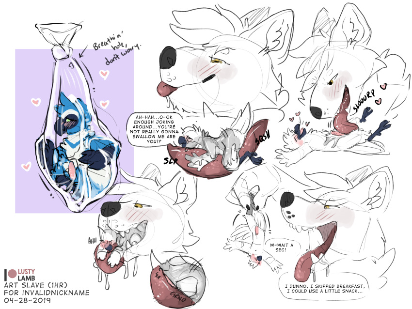 absurd_res anthro avian bird canid canine conditional_dnp condom drooling filled_condom hi_res lustylamb macro mammal mawplay micro mouthplay saliva size_difference slobber soft_vore teasing vore wet