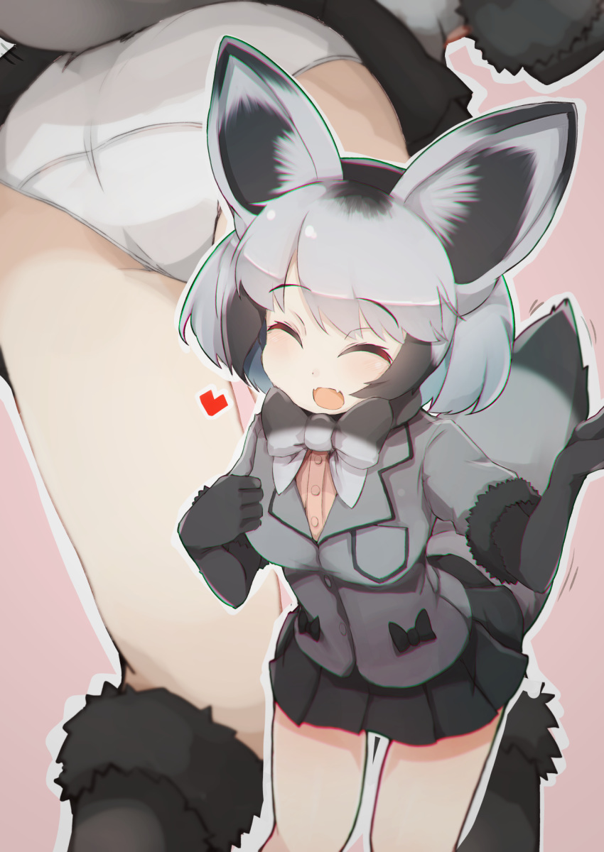 1girl :d ^_^ animal_ear_fluff animal_ears bat-eared_fox_(kemono_friends) black_gloves black_hair black_skirt bow bowtie chromatic_aberration closed_eyes elbow_gloves eyebrows_visible_through_hair eyes_closed fangs fox_ears fox_tail fur-trimmed_sleeves fur_trim gloves heart highres kemono_friends multicolored_hair multiple_views open_mouth outline panties pink_background pleated_skirt shirt silver_hair simple_background skin_fangs skirt smile solo tail teranekosu two-tone_hair underwear upskirt white_outline white_panties