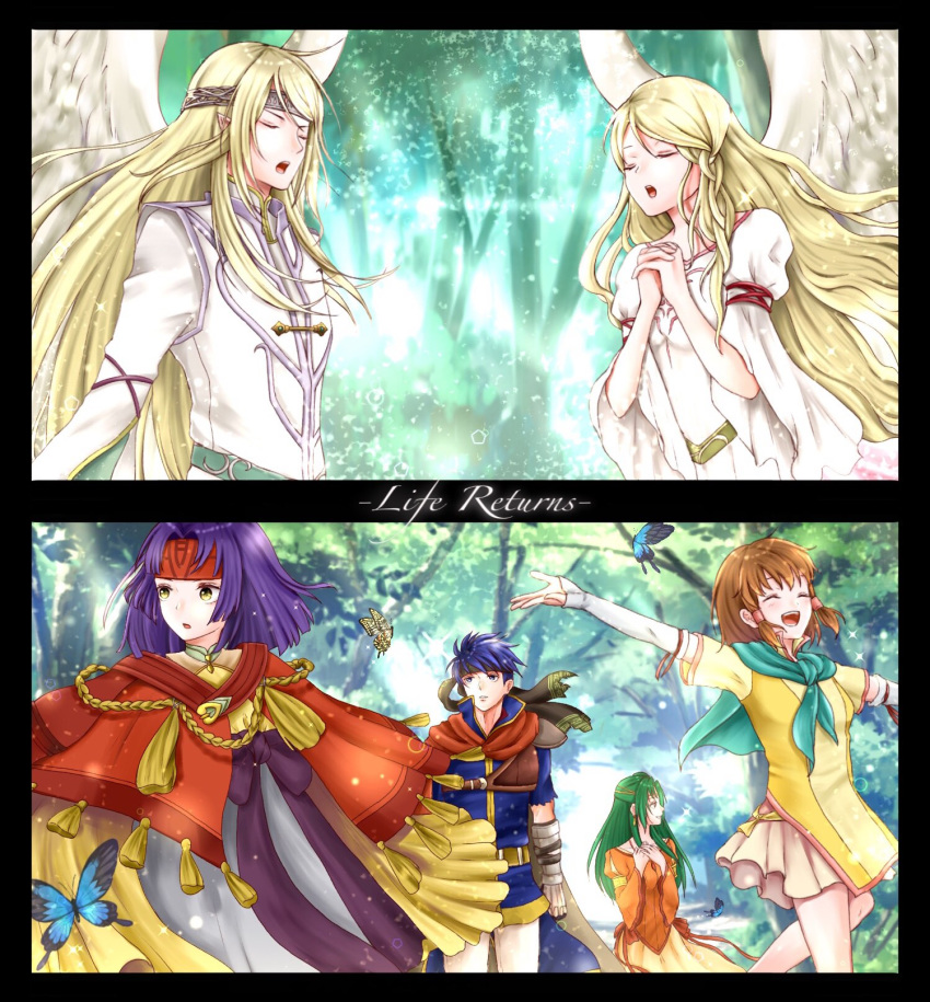 2boys 4girls aplche armor bare_shoulders blonde_hair blue_eyes blue_hair blush brown_eyes brown_hair cape closed_mouth dress elincia_ridell_crimea fingerless_gloves fire_emblem fire_emblem:_souen_no_kiseki forest gloves green_eyes green_hair hair_between_eyes hair_ornament hair_tubes headband highres ike jewelry long_hair mist_(fire_emblem) multiple_boys multiple_girls nature nintendo open_mouth purple_hair robe sanaki_kirsch_altina scarf short_hair simple_background skirt smile staff wings yellow_eyes