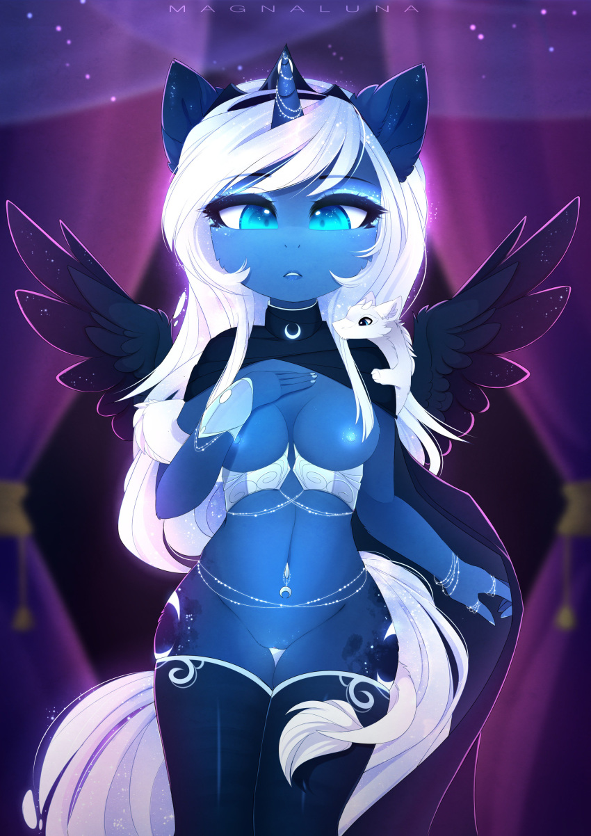 2019 absurd_res anthro breasts clothing cutie_mark equid equine fan_character female friendship_is_magic hi_res horn horse jewelry legwear magnaluna mammal my_little_pony navel navel_piercing nipples nude piercing princess_luna_(mlp) pussy shelf_bra socks solo stockings thigh_highs winged_unicorn wings