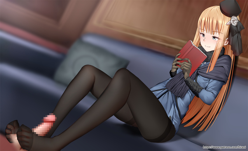 1girl blonde_hair blue_eyes blush couch fate/grand_order fate_(series) feet footjob hat long_hair pantyhose reading reines_el-melloi_archisorte sitting smile toes