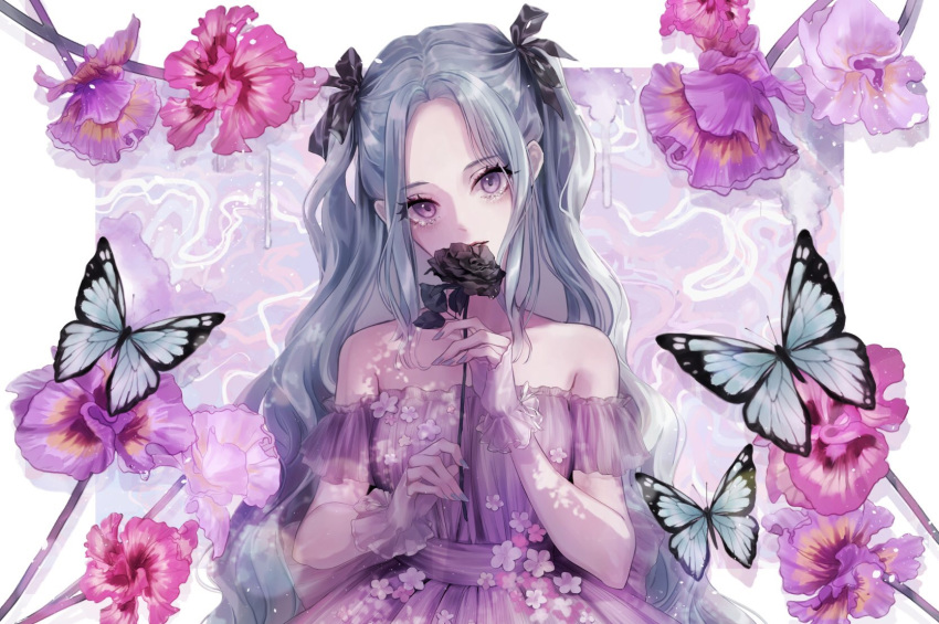 1girl aqua_hair bangs black_flower black_ribbon bug butterfly dress fingerless_gloves flower frilled_gloves frills gloves hair_ribbon highres holding holding_flower insect long_hair looking_at_viewer magako nail_polish off-shoulder_dress off_shoulder original parted_bangs pink_flower purple_dress purple_eyes purple_flower ribbon sidelocks solo two_side_up upper_body very_long_hair