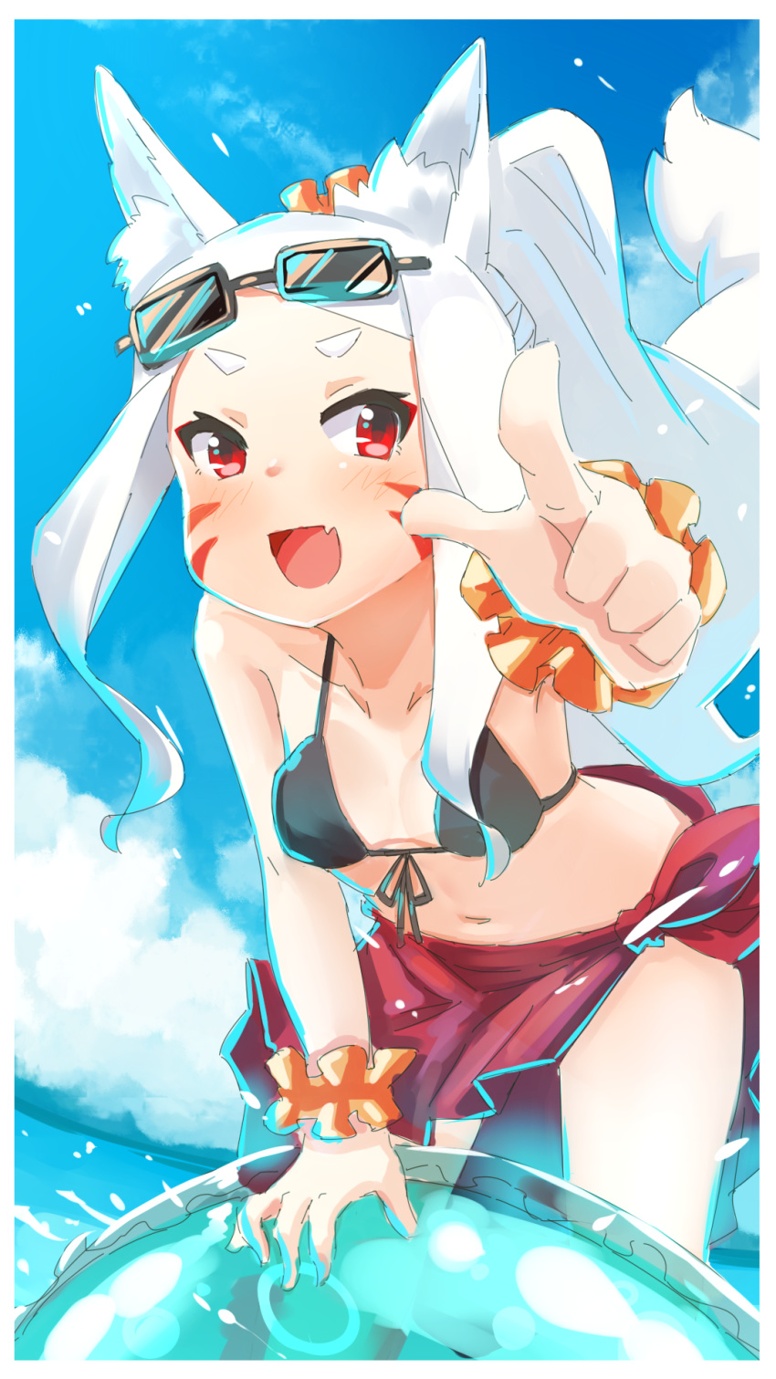 1girl animal_ear_fluff animal_ears ball beachball bikini bikini_top black_bikini black_bikini_top breasts cloud eyebrows eyewear_on_head facial_mark fang forehead foreshortening fox_ears fox_tail highres kuro_kosyou leaning_forward long_hair navel ocean open_mouth outdoors outstretched_arm pointing ponytail red_eyes red_sarong sarong scrunchie sewayaki_kitsune_no_senko-san shiro_(sewayaki_kitsune_no_senko-san) sky small_breasts smile solo sunglasses swimsuit tail white_hair wrist_scrunchie
