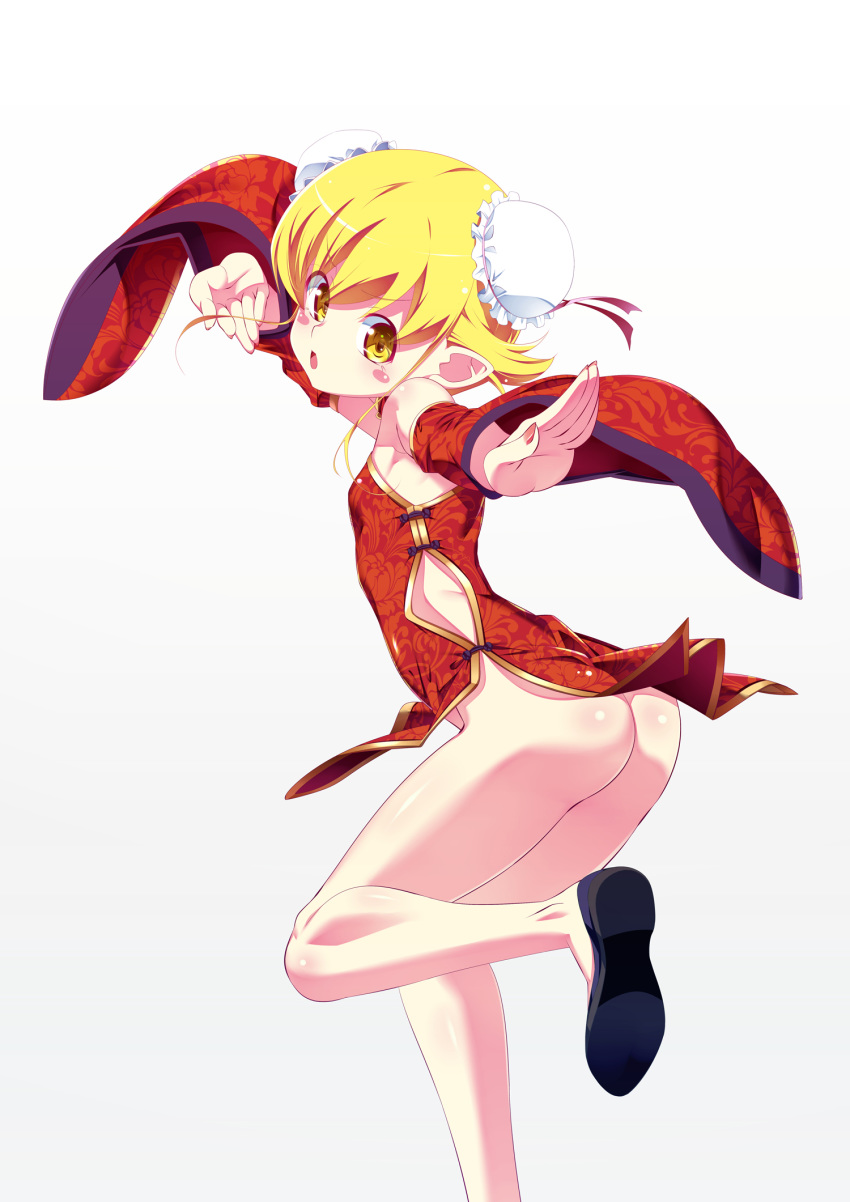 1girl ass bakemonogatari bare_shoulders blonde_hair blush_stickers bun_cover china_dress chinese_clothes commentary_request dress from_behind highres looking_at_viewer looking_back monogatari_(series) no_panties open_mouth oshino_shinobu red_dress shiny shiny_hair shiny_skin short_hair side_slit solo standing tanabe_kyou yellow_eyes