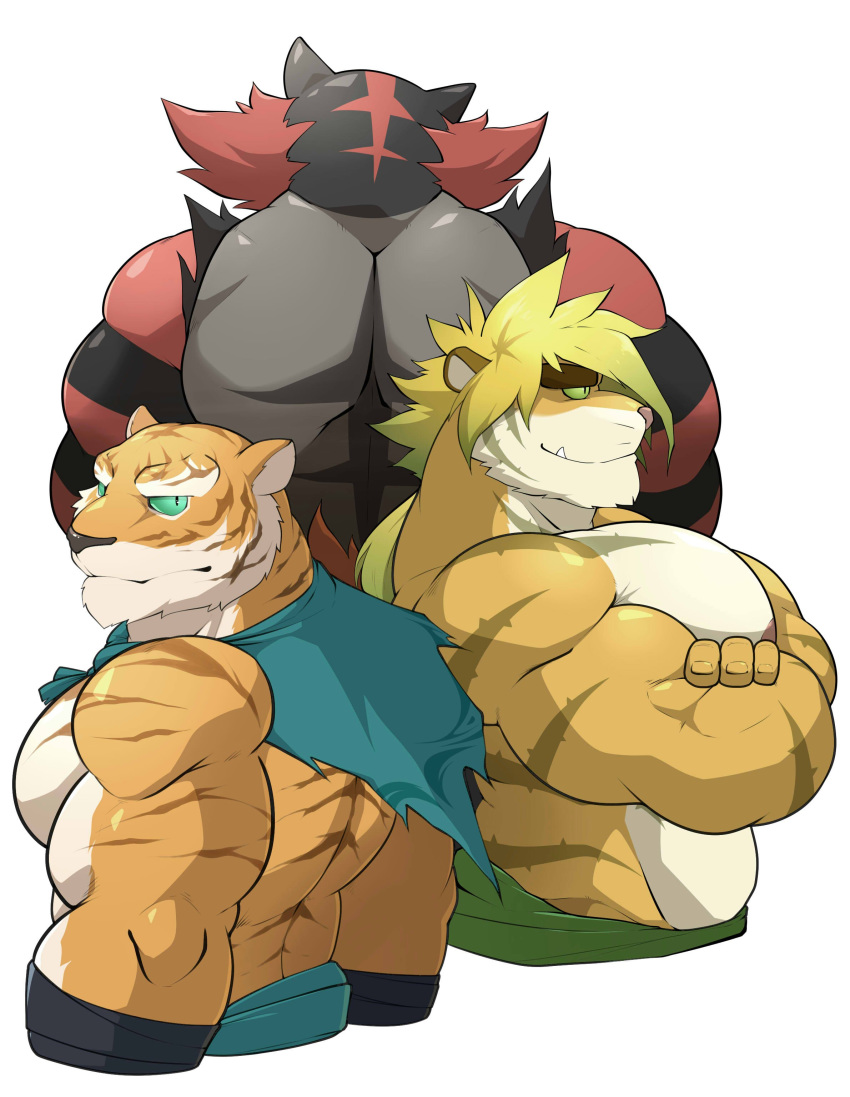 absurd_res anthro clothed clothing crossed_arms felid group hi_res incineroar magan maldu male mammal muscular muscular_male nintendo pang pantherine pok&eacute;mon pok&eacute;mon_(species) sdorica_sunset tiger tokyo_afterschool_summoners topless video_games