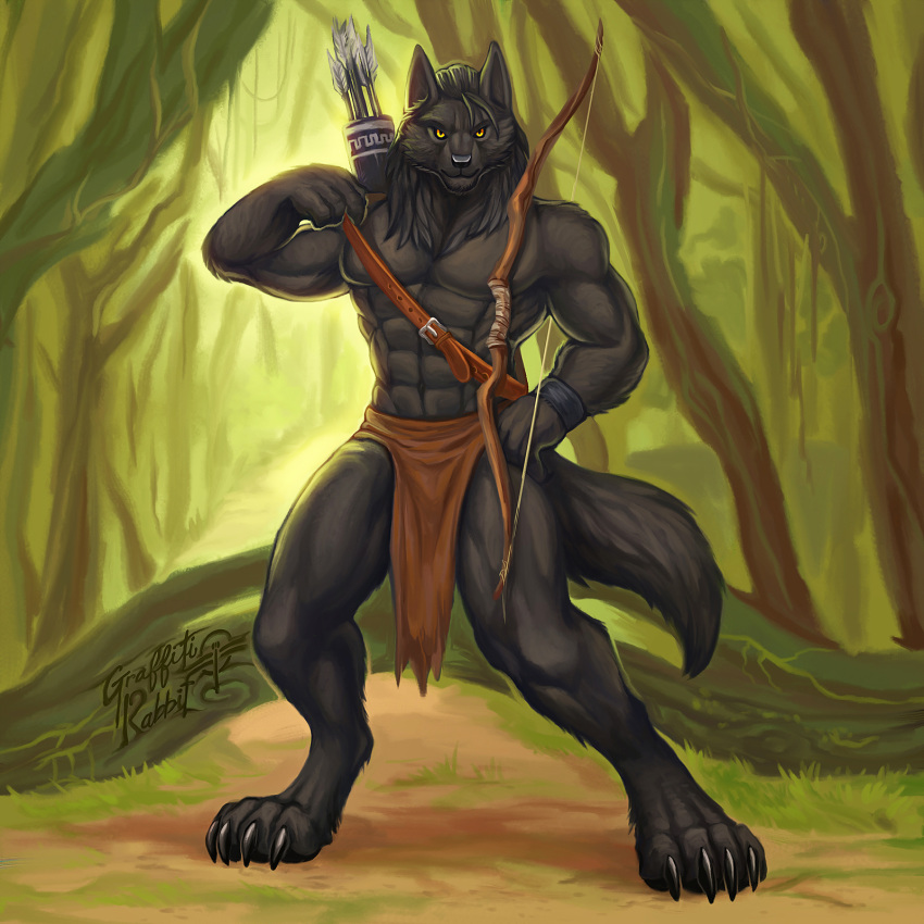 1:1 2019 abs anthro arrow biceps black_fur bow_(weapon) byowt canid canine canis clothing digital_media_(artwork) fur hair hi_res loincloth male mammal muscular pecs ranged_weapon weapon wolf