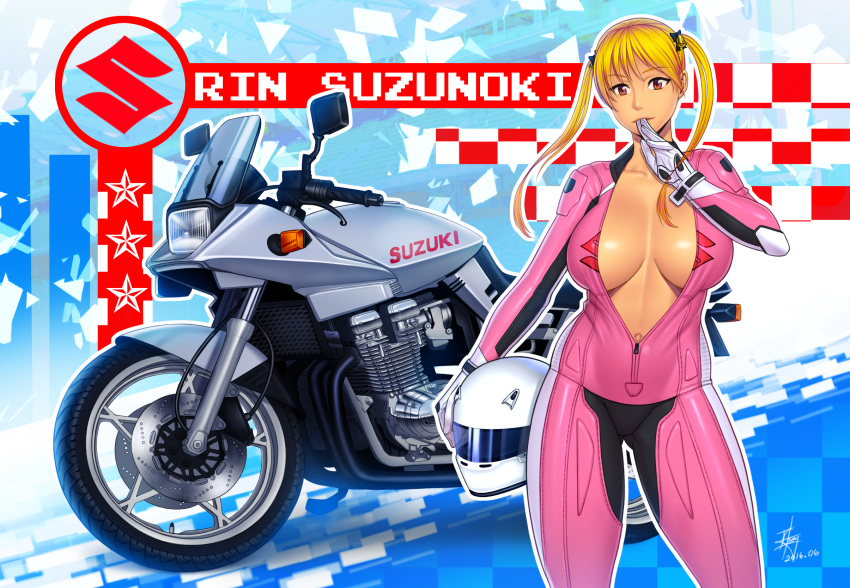 bakuon!! bike blonde_hair bodysuit breasts ero-chong ground_vehicle helmet highres motor_vehicle motorcycle motorcycle_helmet motorcycle_suit pink_suit sideboob suzunoki_rin