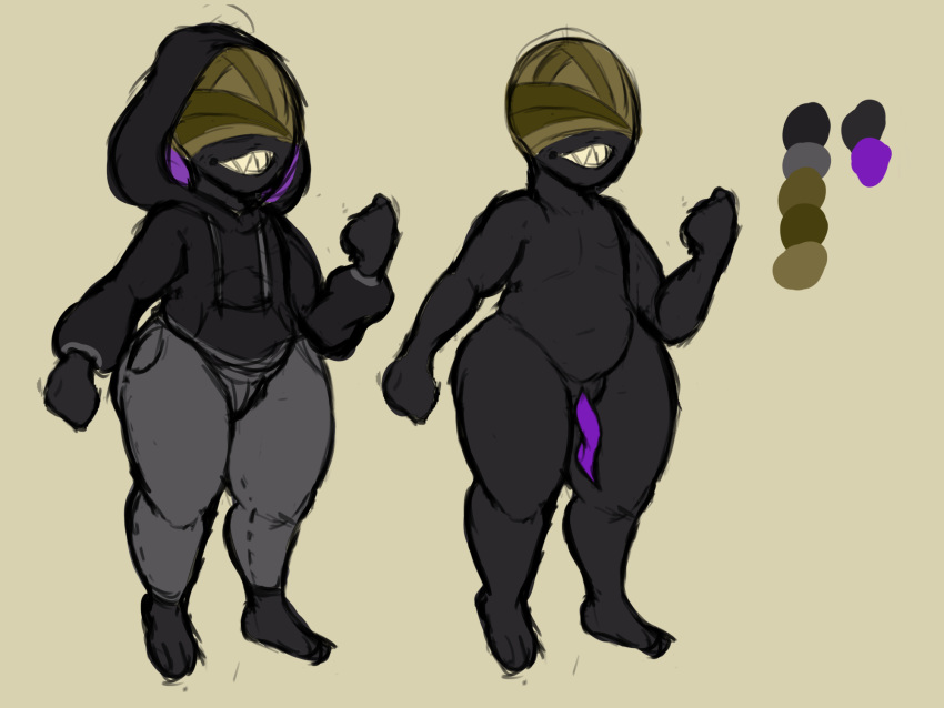 4:3 alien bandage barefoot black_skin clothing genital hi_res hoodie humanoid jacket male model_sheet penis penis_tentacles purple_penis sharp_teeth slit smile spook_(agrievousspooks) sweat_pants teeth tentacles thick_thighs topwear unusual_penis wide_hips