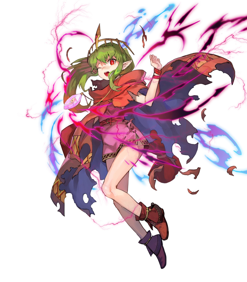 cape chiki dress fire_emblem fire_emblem:_monshou_no_nazo fire_emblem_heroes full_body green_hair highres jewelry lack long_hair mamkute nintendo official_art pink_dress pointy_ears red_eyes shoes short_dress solo tiara transparent_background