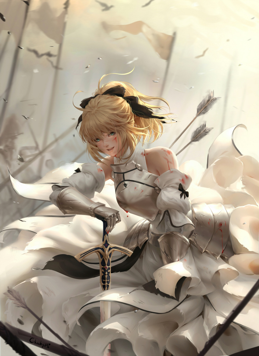 1girl :d ahoge aqua_eyes arm_support armor armored_dress arrow arrow_in_body artist_name artoria_pendragon_(all) bangs banner bare_shoulders bird black_bow blonde_hair blood blood_on_face bloody_clothes blurry bow breastplate caliburn chuby_mi commentary depth_of_field detached_sleeves dress english_commentary fate/unlimited_codes fate_(series) faulds gauntlets hair_bow highres injury layered_dress leaning_forward long_hair open_mouth ponytail saber_lily sign smile solo sword weapon white_dress