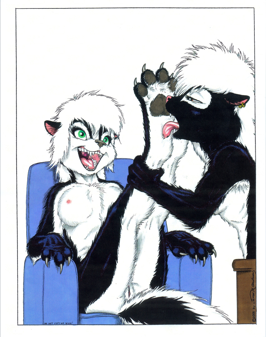 4_toes absurd_res anthro blue_eyes breasts claws duo ear_piercing fangs feet female female/female foot_fetish foot_lick green_eyes half-closed_eyes hi_res hindpaw incest james_m_hardiman licking lori_(jmh) mammal mephitid nipples nude onyx_(jmh) pawpads paws piercing pussy skunk smile toe_claws toes tongue tongue_out