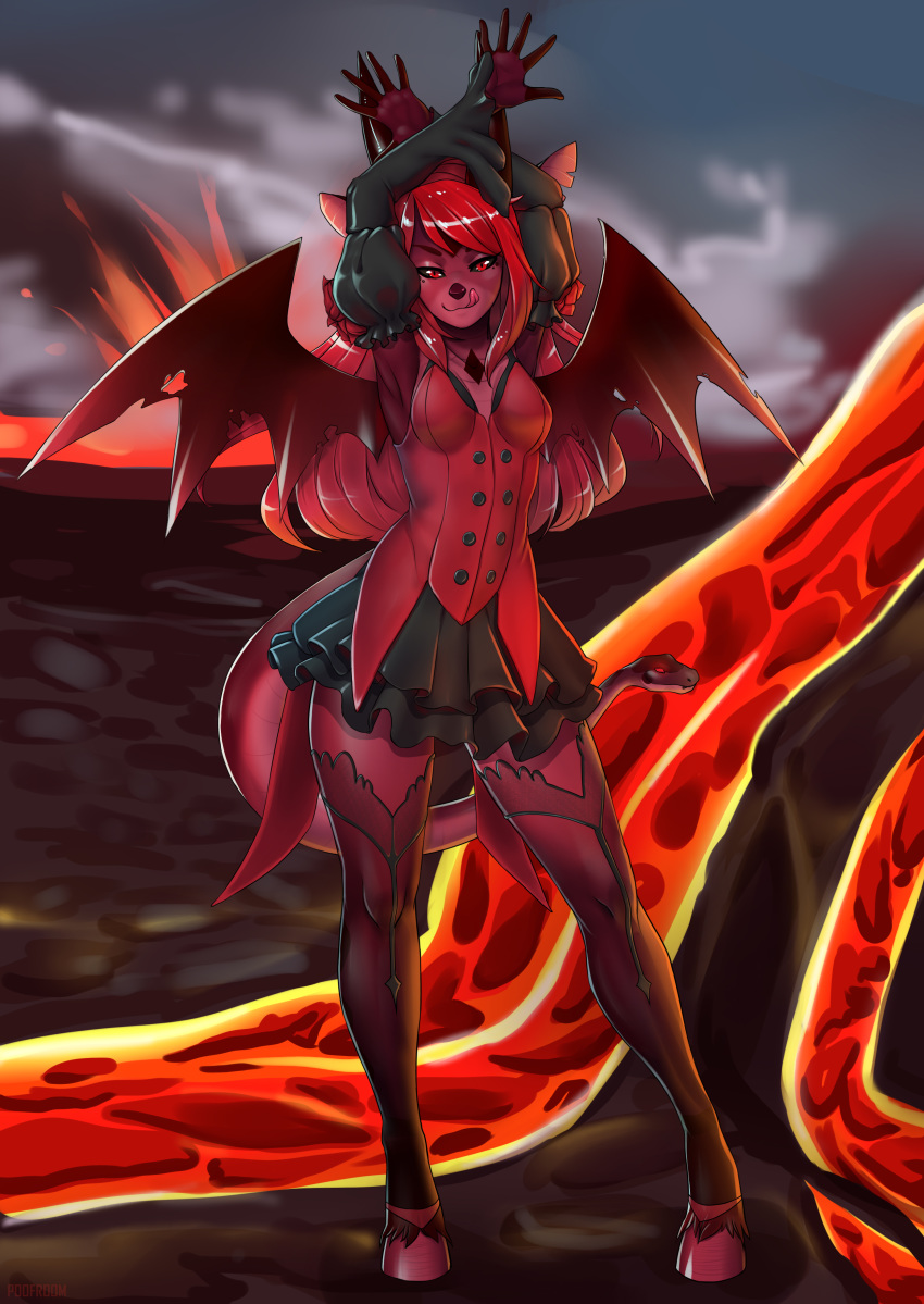 2017 5_fingers absurd_res anthro clothed clothing demon detailed_background digital_media_(artwork) female hair hi_res membranous_wings poof-poof poofroom red_eyes red_hair solo wings zincubet