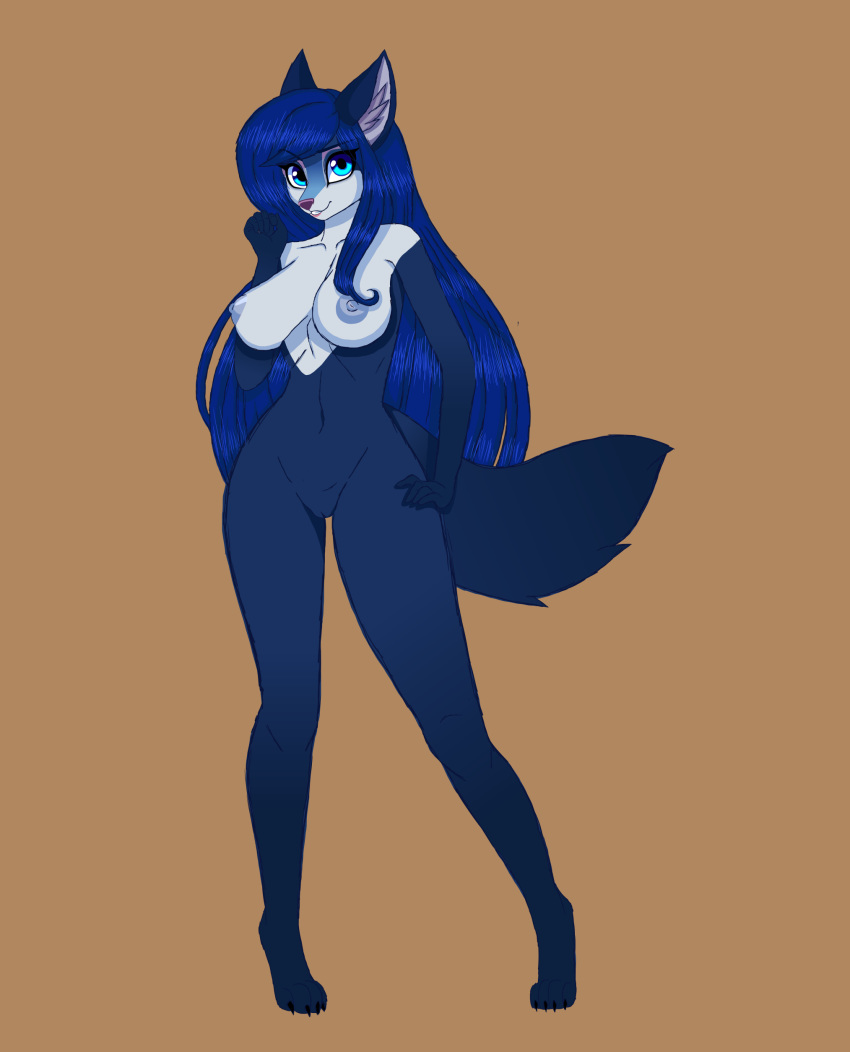 absurd_res anthro areola bianca_(sheep_and_wolves) blue_eyes blue_fur blue_hair breasts canid canine canis cocaine-leopard female fur hair hand_on_hip hi_res long_hair long_legs mammal navel nipples nude pigeon_toed pussy sheep_and_wolves small_waist smile solo standing wolf