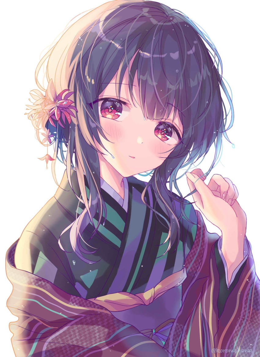 1girl bangs black_hair blush commentary_request eyebrows_visible_through_hair flower hair_flower hair_ornament hanai_yuyu haori head_tilt highres idolmaster idolmaster_shiny_colors japanese_clothes kimono looking_at_viewer morino_rinze obi red_eyes red_flower sash simple_background smile sweat upper_body white_background