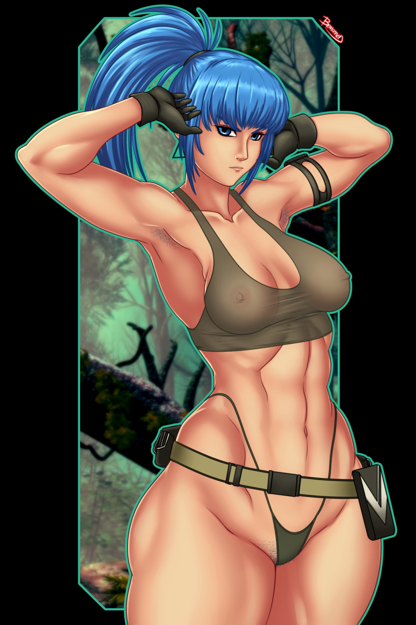 1girl abs absurdres armlet armpit_hair armpits arms_up bare_shoulders belt bemannen black_background blue_eyes blue_hair breasts closed_mouth collarbone cowboy_shot gloves highleg highres jungle king_of_fighters large_breasts leona_heidern long_hair looking_at_viewer matching_hair/eyes nature navel nipples ponytail pubic_hair see-through serious solo tank_top thong