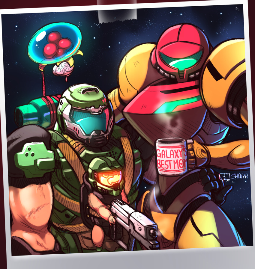 1girl 2boys alien arm_around_waist arm_cannon baby baby_carrier coffee coffee_mug commentary commission covered_face crossover cup doom_(game) doomguy english_commentary family fu_shark gun halo_(game) handgun height_difference helmet highres if_they_mated master_chief metroid metroid_(creature) mug multiple_boys multiple_crossover muscle nintendo pinky_out pistol polaroid power_armor power_suit samus_aran shoulder_armor slender_waist trait_connection varia_suit weapon