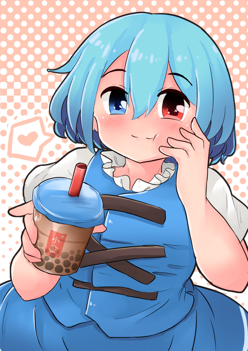1girl blue_eyes blue_hair blue_skirt blue_vest blush bubble_tea chewing commentary_request cup debaa disposable_cup drink drinking_glass drinking_straw eyebrows_visible_through_hair frills gradient gradient_background hand_on_own_cheek heart heterochromia highres holding holding_cup looking_at_viewer moe puffy_sleeves red_eyes short_hair simple_background skirt smile solo tagme tatara_kogasa tea touhou vest