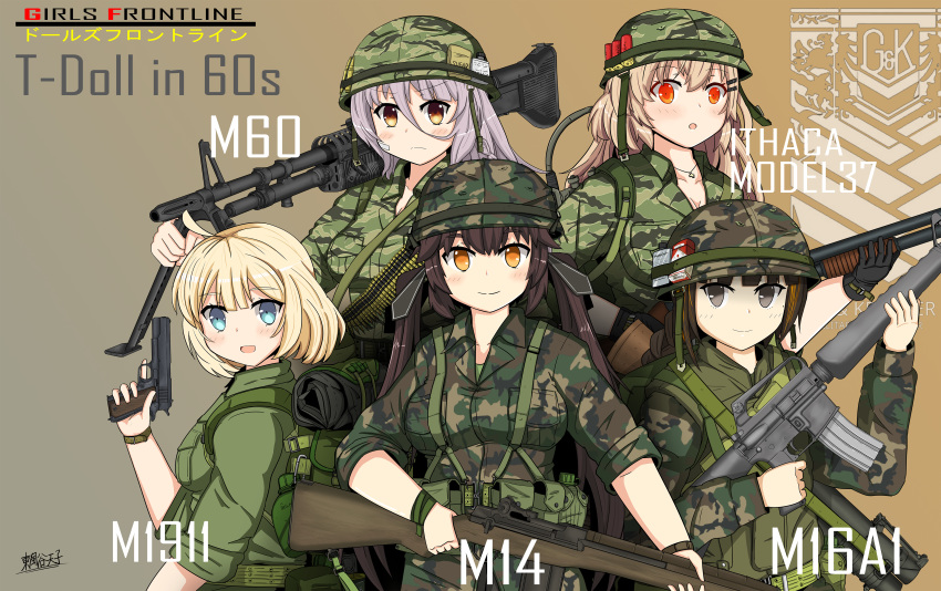 5girls 60s absurdres assault_rifle battle_rifle camouflage character_name commentary_request girls_frontline gun handgun hat helmet highres huge_filesize ithaca_m37 ithaca_m37_(girls_frontline) m14 m14_(girls_frontline) m16 m16a1 m16a1_(girls_frontline) m1911 m1911_(girls_frontline) m60 m60_(girls_frontline) military military_hat military_uniform multiple_girls oldschool rifle shotgun toramaru-913 uniform vietnam_war weapon