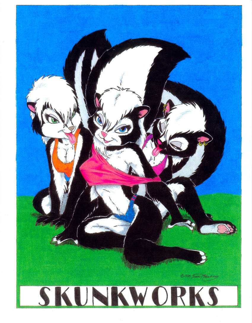 1995 absurd_res anthro blue_eyes breasts brown_eyes claws cleavage clothed clothing comic cover drooling ear_piercing family female green_eyes hi_res james_m_hardiman lori_(jmh) mammal mephitid natasha_(jmh) nipple_outline onyx_(jmh) paws piercing saliva sibling sister skunk tongue tongue_out underwear