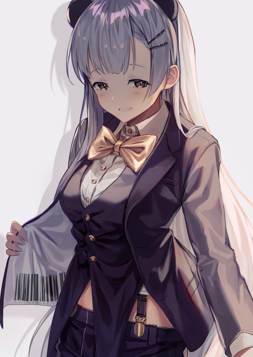 1girl barcode black_jacket black_pants black_vest bow bowtie breasts brown_bow brown_eyes brown_neckwear collared_shirt cowboy_shot grey_background grin hair_ornament hairclip highres jacket long_hair long_sleeves looking_at_viewer medium_breasts mocha_(mokaapolka) open_clothes open_jacket original pants parted_lips shirt silver_hair simple_background smile solo suspenders teeth very_long_hair vest white_shirt