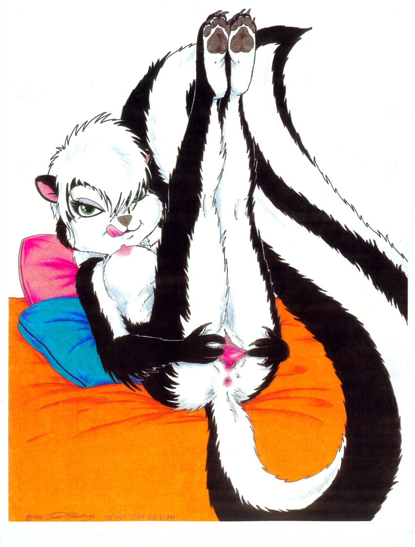 1995 absurd_res anthro anus black_fur breasts butt female fur green_eyes hair hi_res james_m_hardiman legs_up licking licking_lips lori_(jmh) lying mammal mephitid nipples nude on_back pussy self_lick skunk solo spread_pussy spreading tongue tongue_out white_fur white_hair
