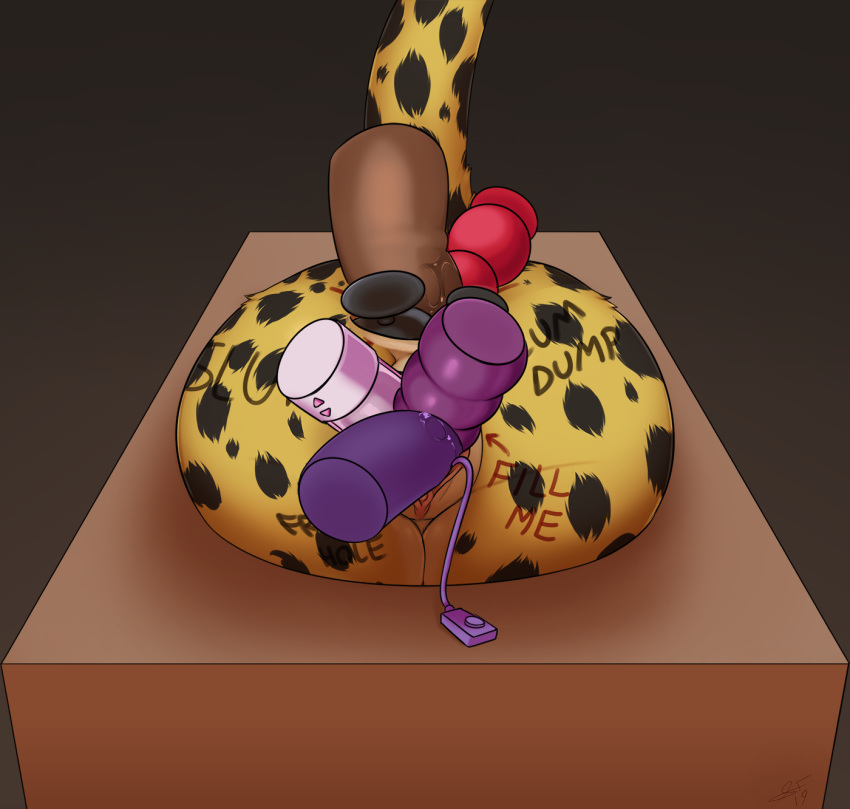 2019 anal bdsm butt cheetah dildo double_penetration felid feline female hi_res mammal penetration public_use pussy sex_toy slimefur vaginal vibrator