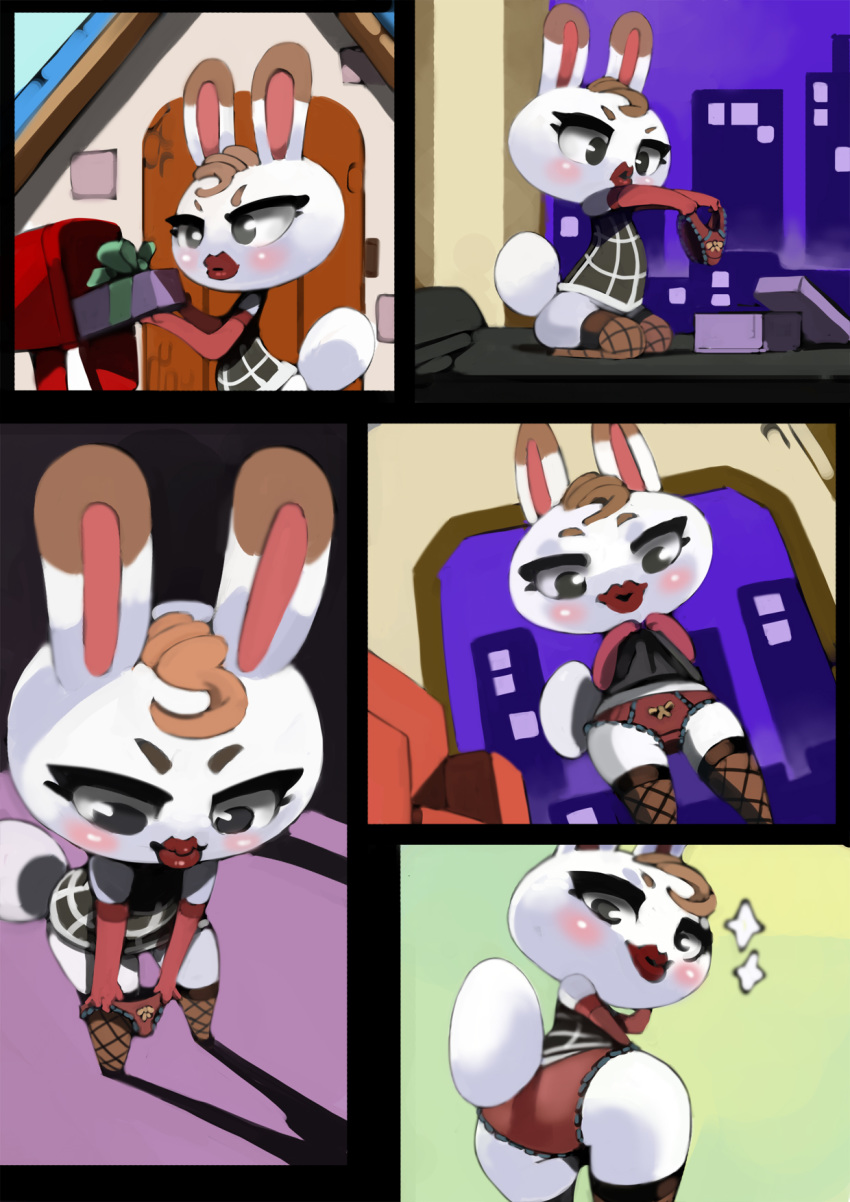 animal_crossing bed bittenhard brown_hair building butt clothing eyelashes female fishnet fishnet_legwear hair hi_res house lagomorph legwear leporid lipstick mailbox makeup mammal nintendo panties putting_on rabbit smile tiffany_(animal_crossing) underwear video_games