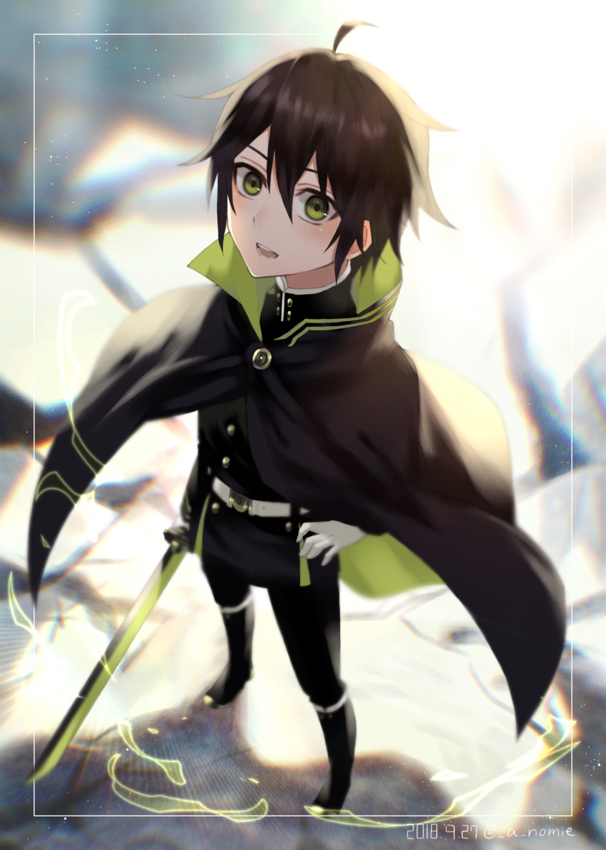 1boy 2018 ahoge belt black_cape black_footwear black_hair black_jacket black_pants boots cape dated full_body gloves green_eyes hair_between_eyes highres holding holding_sword holding_weapon hyakuya_yuuichirou jacket katana kiri_ph knee_boots looking_at_viewer looking_up male_focus military military_jacket military_uniform owari_no_seraph pants short_hair solo standing sword twitter_username uniform weapon white_gloves