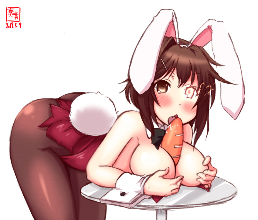 1girl alternate_costume animal_ears artist_logo ass back bare_shoulders between_breasts blush bow bowtie breast_rest breasts brown_hair brown_legwear bunny_ears bunny_girl bunny_tail bunnysuit cleavage covered_navel cowboy_shot dated detached_collar fake_animal_ears furutaka_(kantai_collection) glowing glowing_eye hair_ornament hair_over_shoulder hairclip highres kanon_(kurogane_knights) kantai_collection large_breasts leotard looking_at_viewer pantyhose red_leotard short_hair signature simple_background solo strapless strapless_leotard table tail white_background wrist_cuffs yellow_eyes