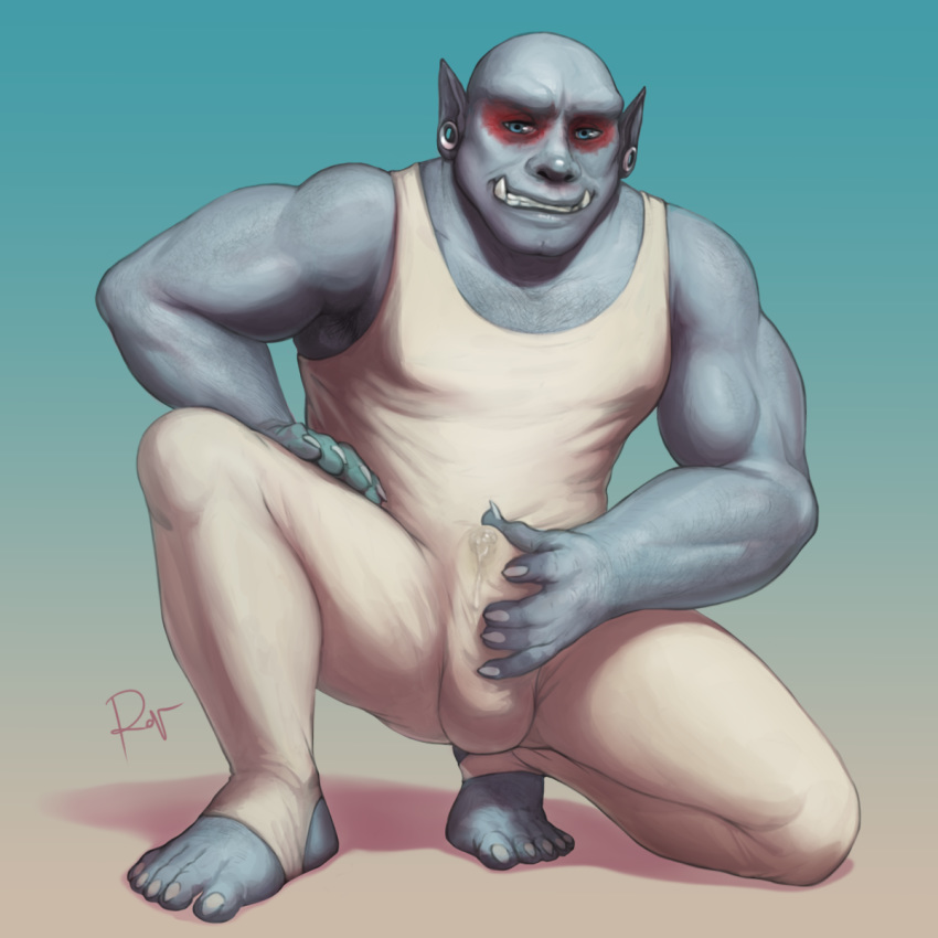 1:1 2019 5_fingers 5_toes anthro arm_hair biceps biped blue_eyes body_hair bulge chest_hair claws clothed clothing digital_media_(artwork) enoch_kersey erection erection_under_clothing fangs feet front_view fully_clothed gradient_background grey_skin grin hairy hi_res humanoid leotard looking_at_viewer male muscular muscular_male not_furry on_one_knee orc plantigrade pointy_ears precum rov signature simple_background smile solo teeth tight_clothing toe_claws toes white_claws