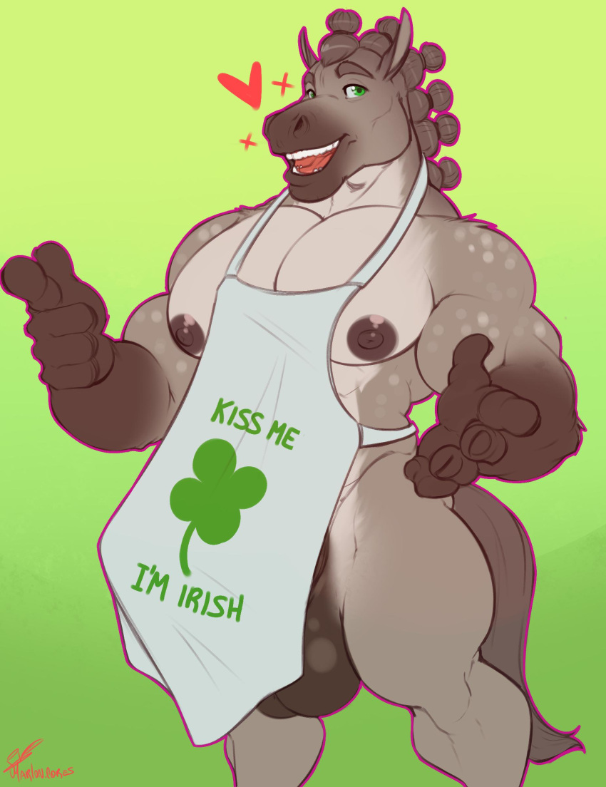 &lt;3 2019 5_fingers absurd_res anthro apron apron_only balls biceps big_muscles black_balls black_fur black_nipples clothing clover declan_o'hara digital_media_(artwork) draft_horse english_text equid equine eyebrows four_leaf_clover front_view fur gesture gradient_background green_eyes grey_eyebrows grey_fur grey_mane grey_teeth hi_res horse humanoid_hands irish looking_at_viewer male mammal mane marlon.cores mostly_nude multicolored_fur muscular muscular_male nipples open_mouth pecs pointing portrait signature simple_background smile solo standing teeth text three-quarter_portrait