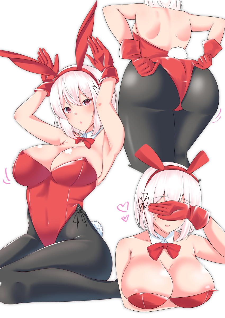 1girl absurdres adjusting_clothes adjusting_leotard animal_ears arched_back areola_slip areolae armpits arms_up ass azur_lane backboob bangs bare_shoulders black_legwear blush bow breasts bunny_ears bunny_girl bunny_pose bunny_tail bunnysuit cleavage closed_mouth covered_navel detached_collar eyebrows_visible_through_hair fake_animal_ears gloves hair_between_eyes hair_ornament hand_over_face heart highres large_breasts legs_together leotard light_smile lips looking_at_viewer motion_lines multiple_views nanohana_linestamp no_bra pantyhose parted_lips red_bow red_eyes red_gloves red_leotard red_neckwear short_hair shoulder_blades sidelocks simple_background sirius_(azur_lane) sitting standing strapless strapless_leotard tail thick_thighs thighs tongue white_background