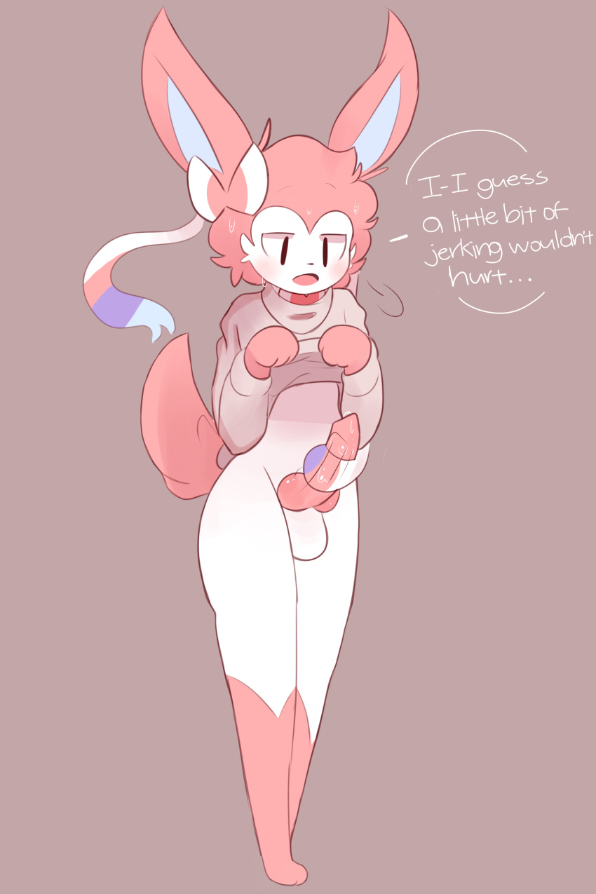 2:3 absurd_res amaruu anthro balls blush bow_tie canid canine clothing eeveelution hi_res male mammal masturbation nintendo penis pok&eacute;mon pok&eacute;mon_(species) ribbons simple_background solo sweat sylveon turtleneck video_games