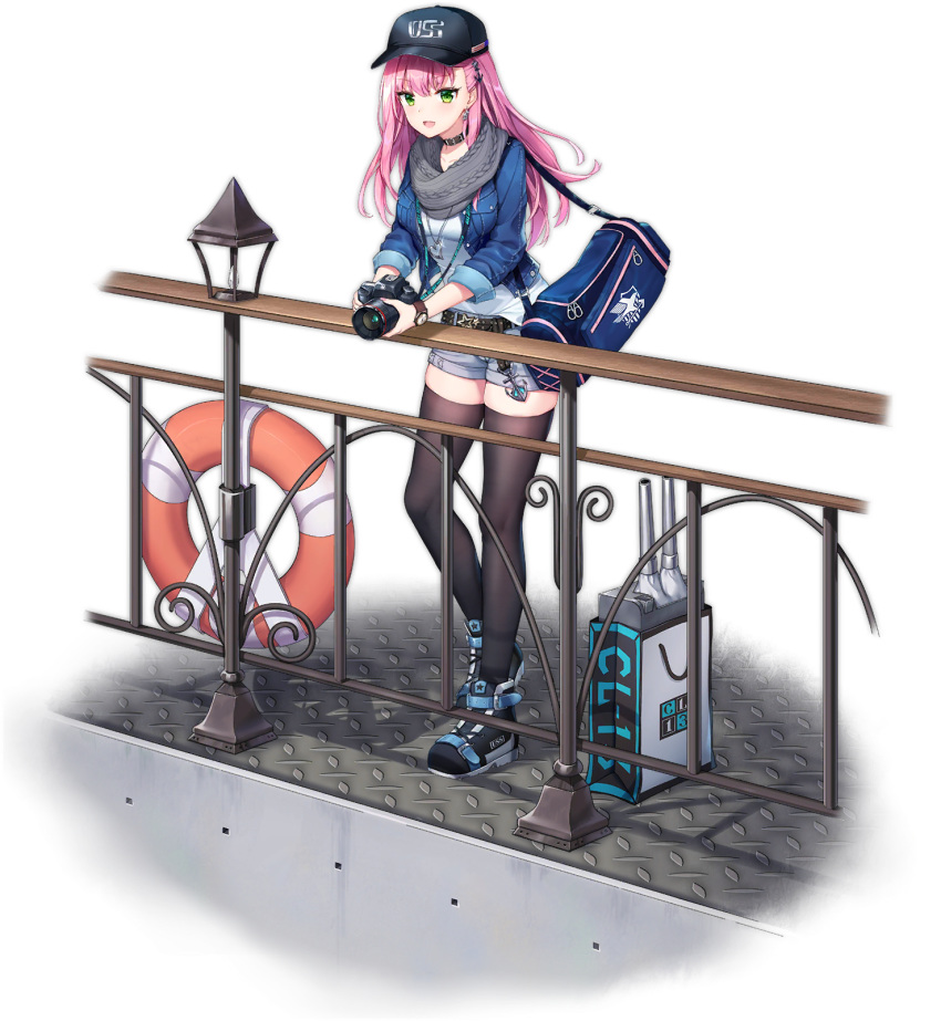 1girl :d alternate_costume anchor_hair_ornament azur_lane bag bangs barcode baseball_cap belt belt_buckle black_belt black_footwear black_headwear black_legwear blue_jacket blush boots breasts buckle camera cannon choker collarbone denim denim_jacket denim_shorts duffel_bag earrings eyebrows_visible_through_hair floating_hair full_body green_eyes grey_scarf grey_shorts hair_between_eyes hair_ornament hat heart heart_necklace highres holding holding_camera jacket jewelry lamppost leaning_on_rail lifebuoy long_hair looking_at_viewer medium_breasts memphis_(azur_lane) official_art open_clothes open_jacket open_mouth parted_lips pendant petals pink_hair railing scarf shirt shopping_bag short_shorts shorts silver15 skindentation sleeves_folded_up smile standing star studded_belt thighhighs thighhighs_under_boots transparent_background turret v-shaped_eyebrows very_long_hair watch white_shirt wind wristwatch