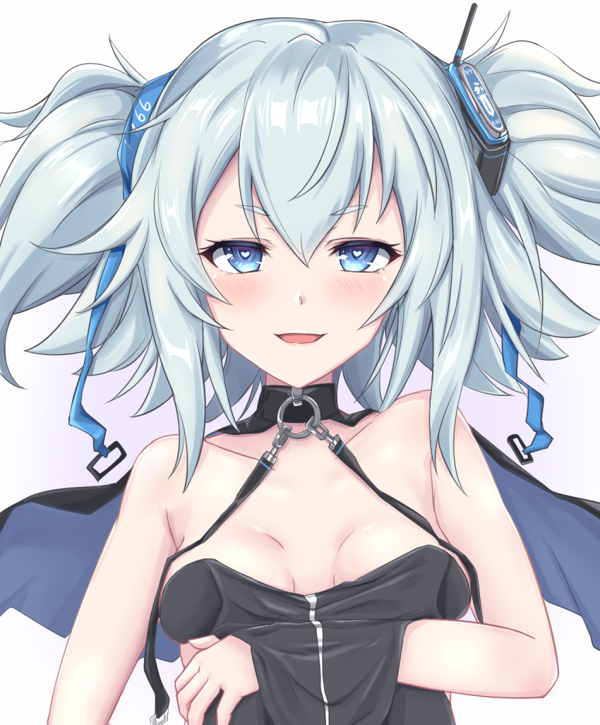1girl :d bare_shoulders black_capelet black_leotard blue_eyes blush breasts capelet cleavage commentary_request girls_frontline hair_ornament headgear heart heart-shaped_pupils heckler_kai highres leotard leotard_pull looking_at_viewer medium_hair open_mouth pa-15_(girls_frontline) silver_hair small_breasts smile solo symbol-shaped_pupils twintails two_side_up upper_body