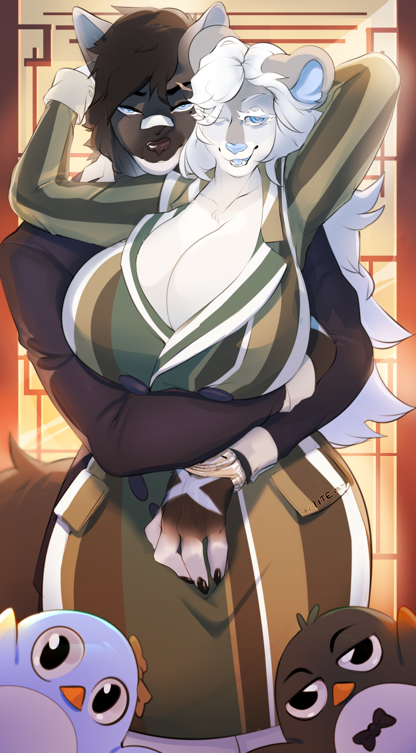 absurd_res anthro avian berri_white big_breasts bird breasts cleavage clothed clothing female feral hi_res huge_breasts male male/female mammal nite penguin ursid wide_hips