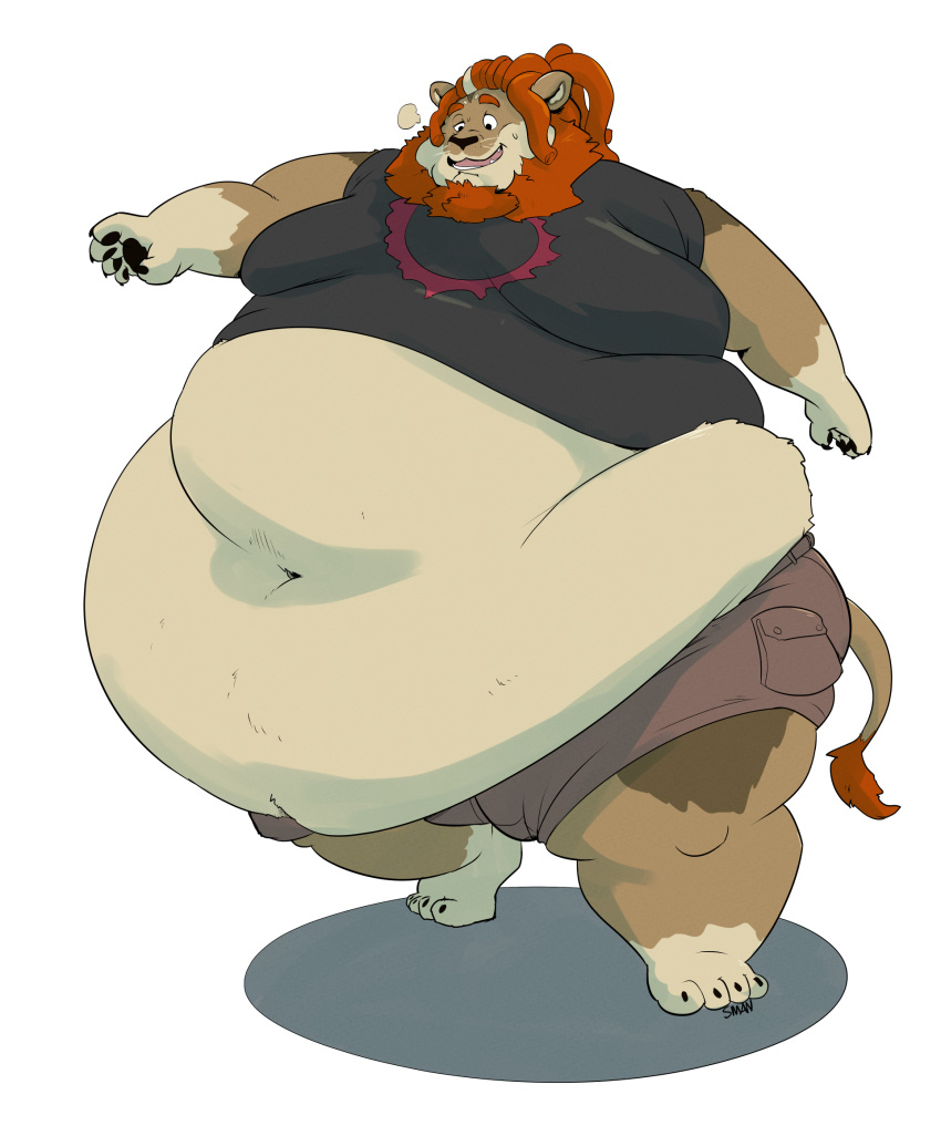 anthro barefoot belly big_belly breath claws clothed clothing double_chin dreadlocks felid fur hi_res lion love_handles male mammal mane midriff moobs morbidly_obese navel obese obese_male open_mouth open_smile overweight overweight_male pantherine red_mane s-man simple_background smile solo tan_fur thick_thighs toe_claws walking white_background