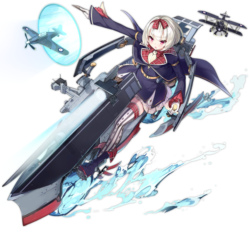 1girl aircraft airplane azur_lane belt boots bow card gloves hair_ornament hair_ribbon hairband hermes_(azur_lane) highres hurricane_(airplane) kaede_(003591163) light_beam long_sleeves official_art portal_(object) print_legwear propeller red_eyes red_hairband remodel_(azur_lane) ribbon short_hair sitting solo swordfish_(airplane) thighhighs transparent_background water white_gloves white_hair