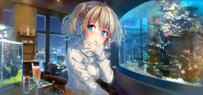 1girl alcohol animal aquarium bangs blue_eyes blurry blush bottle breasts building chair chocolate city cityscape cocktail_glass cup depth_of_field drink drinking_glass finger_licking fish fish_tank food hand_up indoors large_breasts licking light_brown_hair long_hair long_sleeves looking_at_viewer marshmallow night original plate reflection ribbed_sweater sidelocks sitting sky skyline skyscraper solo sweater table turtleneck turtleneck_sweater twintails white_sweater wide_shot window wine_bottle wingheart