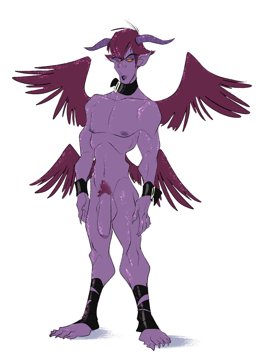 4_wings azazel_(slb) balls bracelet collar demon facial_piercing feathered_wings feathers hair hi_res horn humanoid jewelry lip_piercing lip_ring male multi_wing orange_sclera penis piercing pointy_ears pubes purple_hair purple_skin simple_background slb solo standing white_background wings