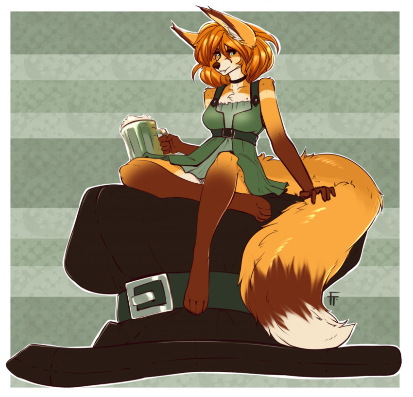 alcohol autumn_(praexon) beer beverage canid canine clothing collar dress fangs female fox freckles green_eyes hair hi_res holidays long_ears looking_at_viewer mammal red_fox red_hair sitting solo st._patrick's_day vulap