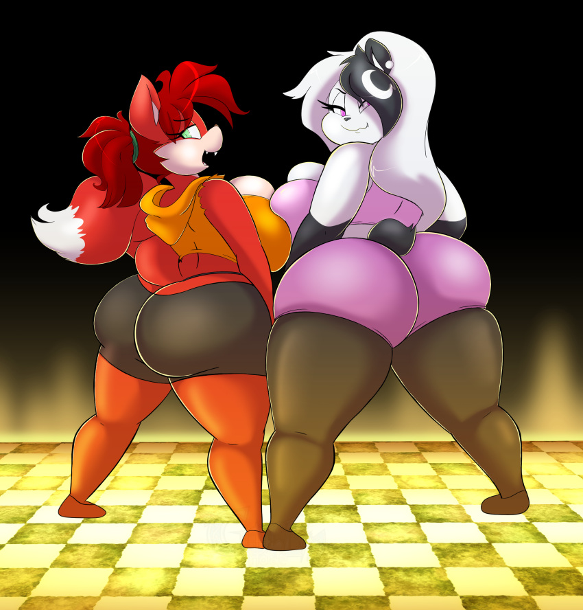 absurd_res big_breasts breasts butt canid canine duo female fox giant_panda goblinhordestudios hi_res huge_breasts hyper hyper_breasts k9wolf mammal ursid